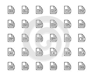 File format flat line icons set. Doc, xls, jpeg, zip, txt, pdf, xml, mp3 document vector illustrations. Outline signs