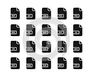 File format icon set. File type icon set. Format and extension of documents. Document format file icons