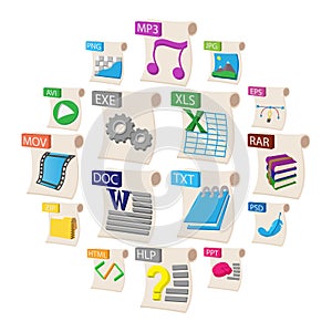 File format icons set, cartoon style