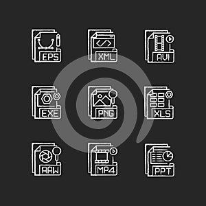 File formats chalk white icons set on black background