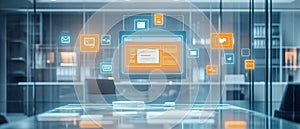 file integration, Floatings icons of a document collaboration platform in a minimalistic tech atmosphere, displaying file