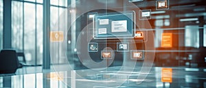 file integration, Floatings icons of a document collaboration platform in a minimalistic tech atmosphere, displaying file