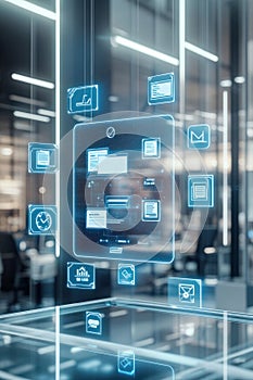 file integration, Floatings icons of a document collaboration platform in a minimalistic tech atmosphere, displaying file