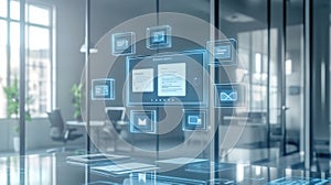 file integration, Floatings icons of a document collaboration platform in a minimalistic tech atmosphere, displaying file