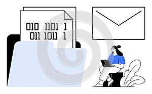 Digital File Management with Binary Data, Email Communication, and Remote Work Concept
