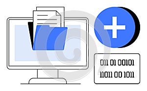 Digital File Management with Folder Icon and Binary Code on Screen