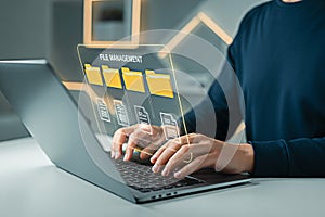 File management system software for efficient document organization and data storage on laptop computer user interface
