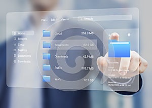 File manager used to browse folders on computer. Exploring directories on hard drive. Document management system DMS. Business