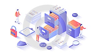 File organization service. Document archiving concept. Organized data storage system. Drawers with folders and documents.