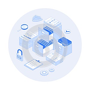 File organization service. Document archiving concept. Organized data storage system. Drawers with folders and documents. photo