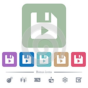 File play flat icons on color rounded square backgrounds