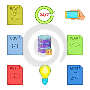 File processing icons set, cartoon style