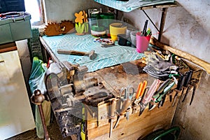 File, screwdriver, hammer, pliers, garden tools on a wooden shelf in a garage