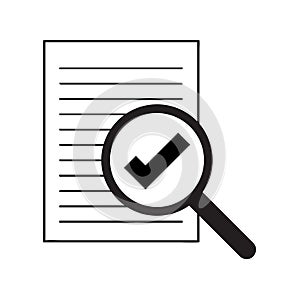 File search icon. Document page with magnifier tool . minimal