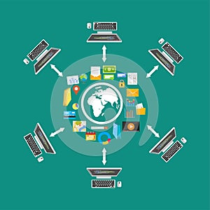 File sharing. File transfer. Network. Distributed content. Cloud storage. Connectivity concept