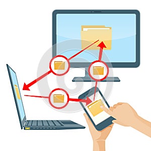 File sharing between smartphone laptop and computer vector illustration