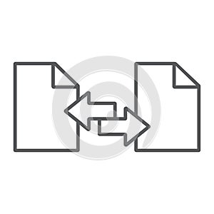 File sharing thin line icon, document and computer, file sending sign, vector graphics, a linear pattern on a white