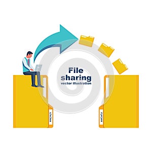 File sharing. Transfer of documentation. Businessman with laptop transmits folders with files.