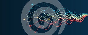 File structuring, machine learning. Big data visualization. A dynamic array of information consisting of multi-colored lines and