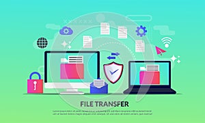 File transfer concept, sharing files between devices with folders on screen and transferred documents, Backup files, flat icon,