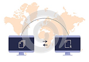 File transfer concept. Two computers transferred documents, exchangers files technology conception. Sharing files vector