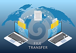 File transfer concept. Two Laptop computers with folders send and upload documents. File copy, data or information exchange design