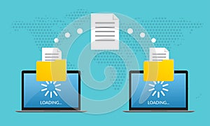 File transfer concept. Two Laptop computers with folders send and upload documents. File copy, data or information exchange design