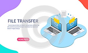 File transfer concept. Two Laptop computers with folders send and upload documents. File copy, data or information exchange design