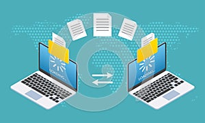 File transfer concept. Two Laptop computers with folders send and upload documents. File copy, data or information exchange design
