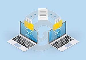 File transfer concept. Two Laptop computers with folders send and upload documents. File copy, data or information exchange design