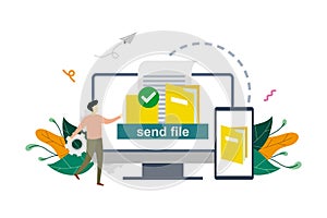 File transfer, documents transferred between computer and phone, copy files, backup, file sharing concept vector flat illustration
