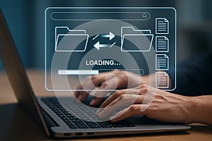 File transfer loading process on laptop for data migration and backup copy concept technology