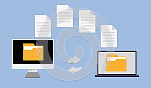 File transfer. Two computers with files on blue background