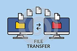 File transfer. Two computers with folders on the screen and documents sent. Copy files, exchange data, backup, transfer photo