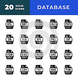 File type database icon Set. document files and format extension symbol icons. with a solid style. Vector Illustration