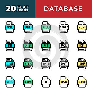 File type flat icons set. document files format symbol icon. txt, acc, xml, csv and mdb. Vector Illustration