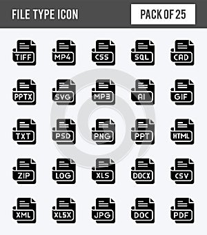 25 File Type Glyph icon pack. vector illustration