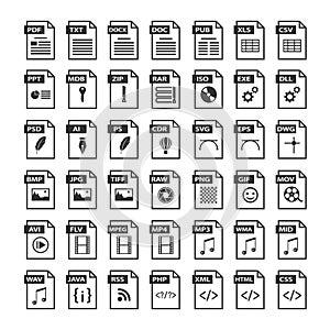 File type icons. Files format icon set in black and white