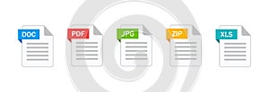 File type icons in flat style. Document in format doc, pdf, jpeg, zip, xls. vector illustration