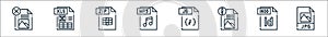 file type line icons. linear set. quality vector line set such as jpg file, indd file, js mp zip xls