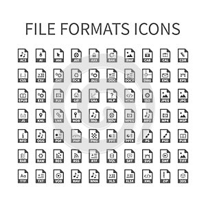 File type vector icons. File format icon set, files buttons.