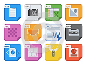 File types vector icons and formats labels file system icons presentation document symbol application software folder