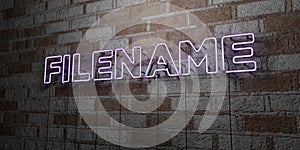 FILENAME - Glowing Neon Sign on stonework wall - 3D rendered royalty free stock illustration