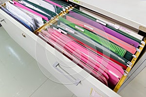 Files document of hanging file folders in a drawer in a whole pile of full papers