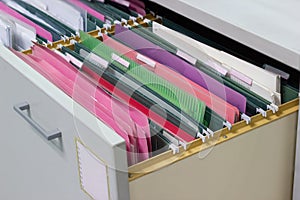 Files document of hanging file folders in a drawer in a whole pile of full papers