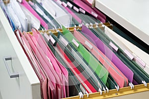 Files document of hanging file folders in a drawer in a whole pile of full papers