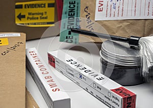 Files and evidence bag in a crime lab