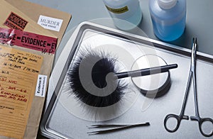 Files and evidence bag in a crime lab