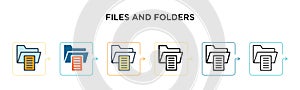 Files and folders vector icon in 6 different modern styles. Black, two colored files and folders icons designed in filled, outline