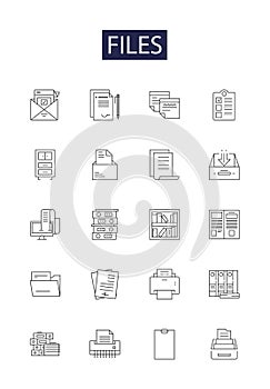 Files line vector icons and signs. Documents, Records, Data, Logs, Papers, Archives, Images, Texts outline vector